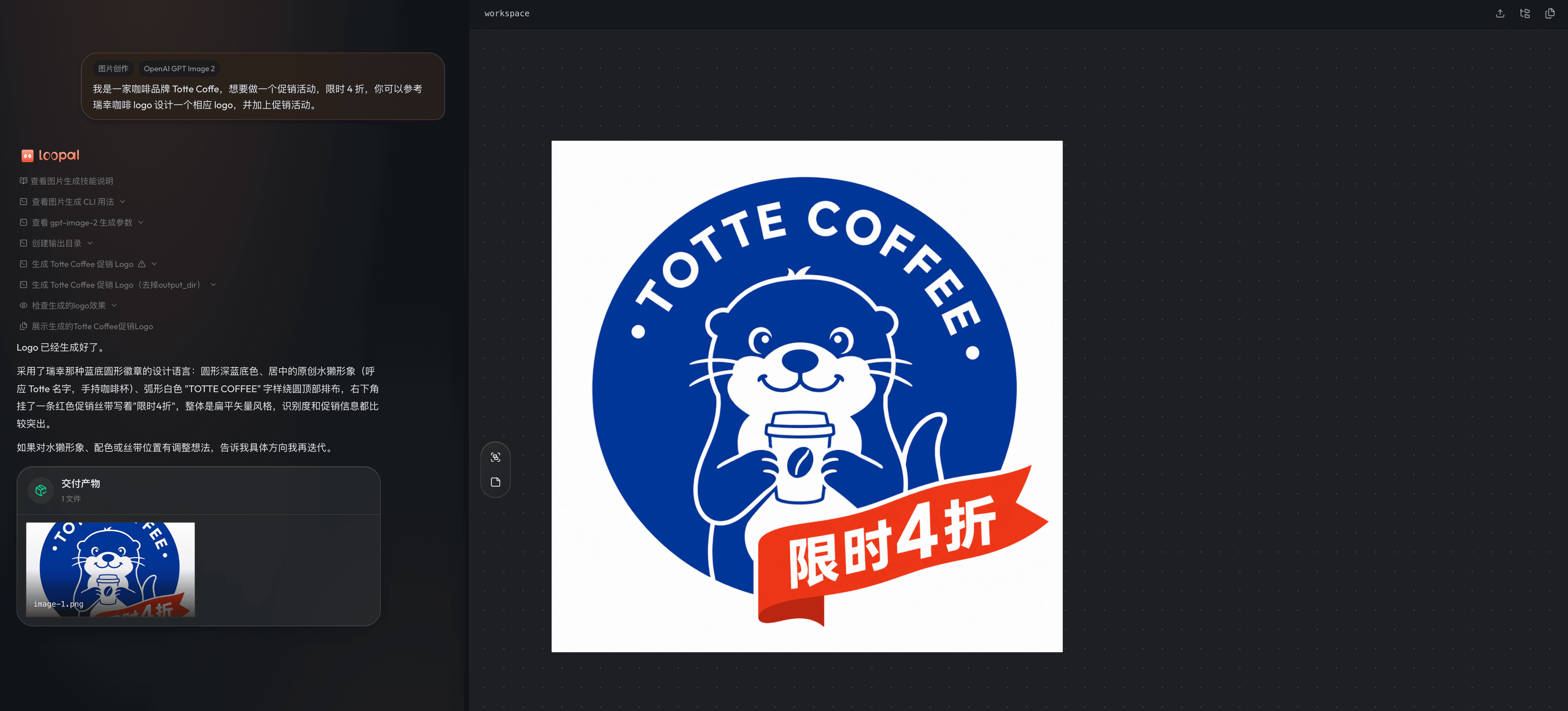 Loopal 在画布中生成并交付咖啡品牌促销 Logo